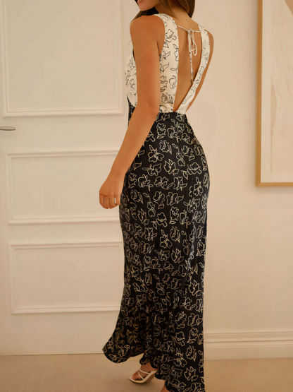 Black White  Backless Tie Maxi Dress
