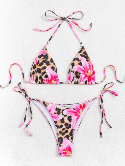Leopard Print Floral Halter Bikini