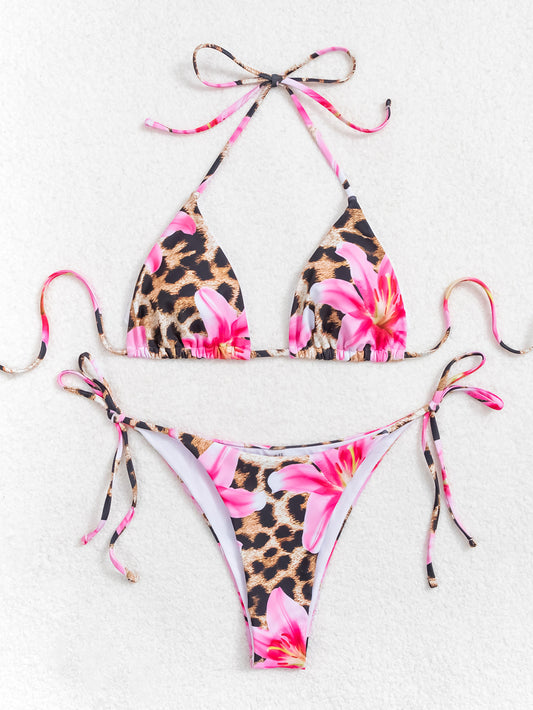 Leopard Print Floral Halter Bikini