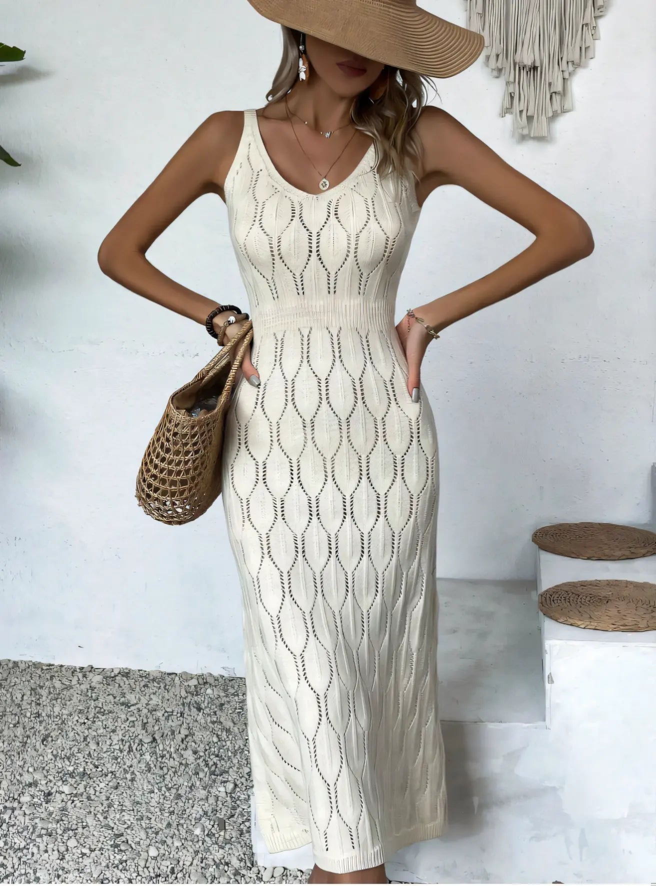 Beige Backless Knit Vacation Halter Maxi Dress