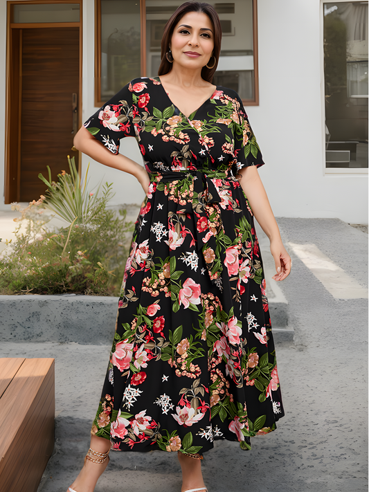Black Floral Print V-neck Elasticated Waist Maxi Dress