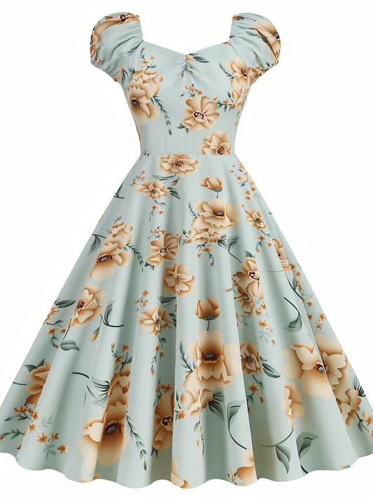 Light Blue Floral Vintage Elegant Midi Dress