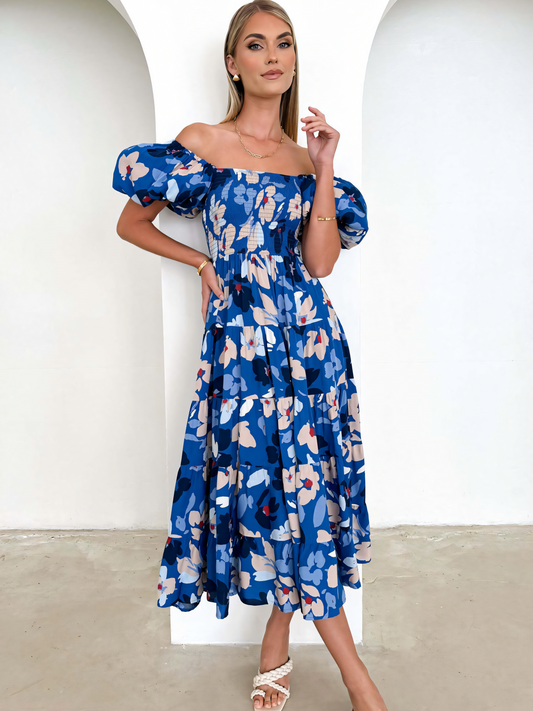 Dark Blue Floral  Printed Puffy Bubble Sleeve  Midi Dress