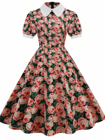 Pink Floral Short-sleeved Vintage-inspired Midi Dress