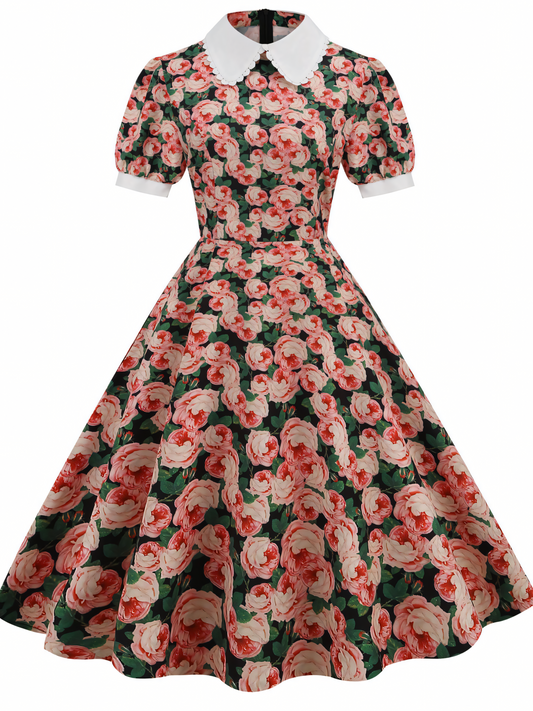 Pink Floral Short-sleeved Vintage-inspired Midi Dress