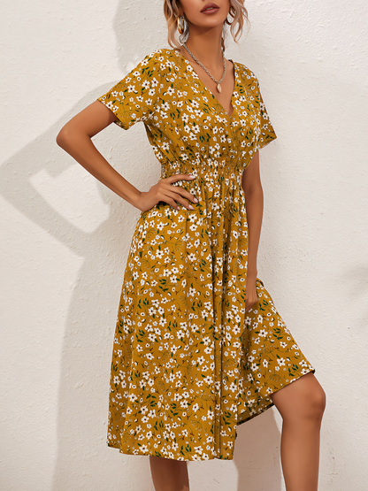 Floral Print Short-sleeved Midi Dress