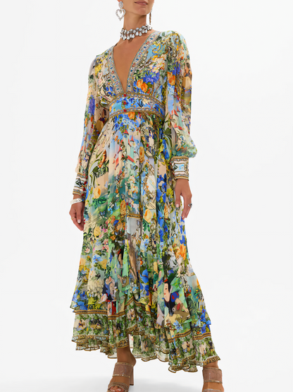 Green Floral Long Bubble Sleeve Maxi Dress