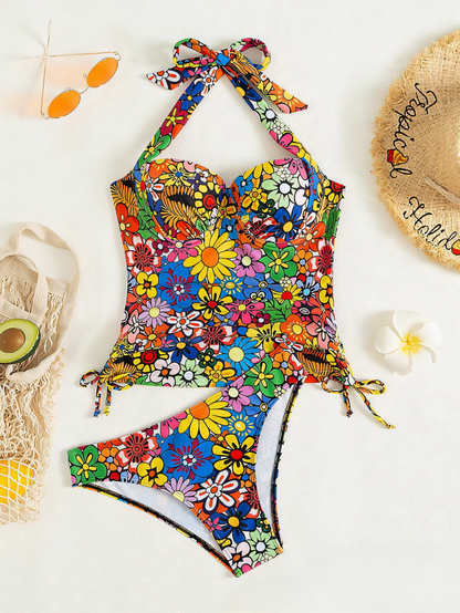 Colorful Floral Printed Neck Tankini Set