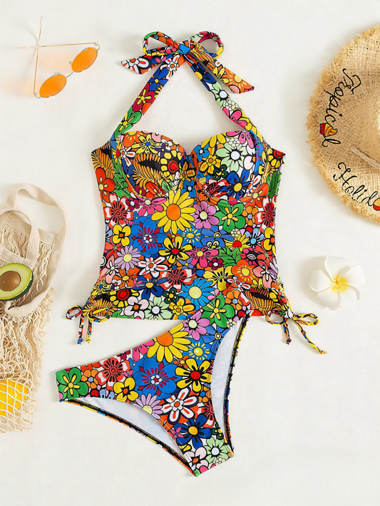 Colorful Floral Printed Neck Tankini Set