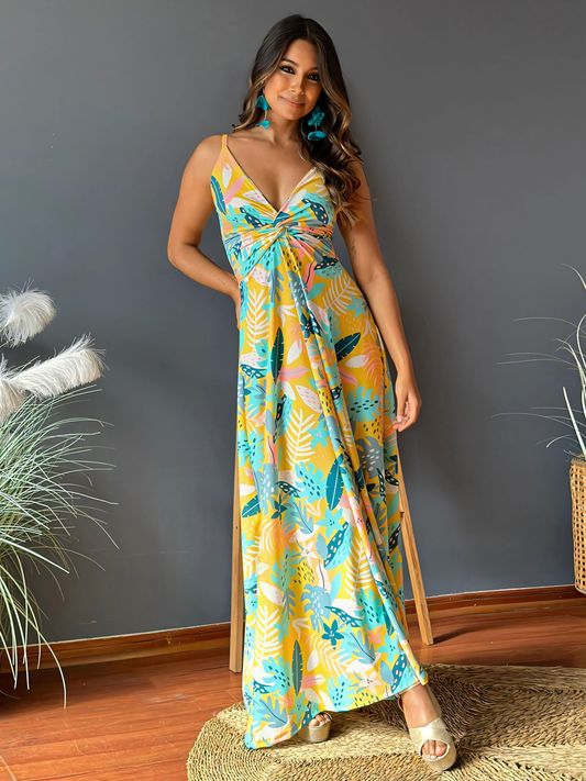 Yellow Printed Halter V-neck Maxi Dress