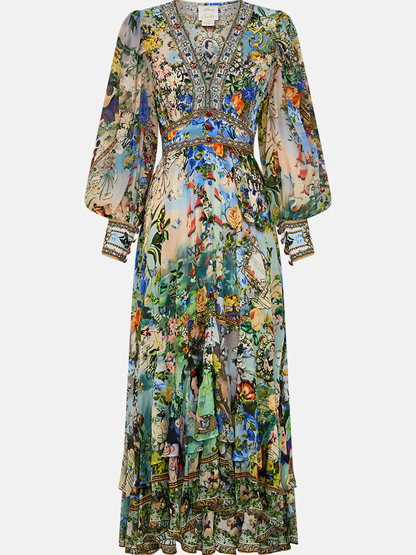 Green Floral Long Bubble Sleeve Maxi Dress