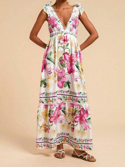 White Pink Floral Printed Beach Maxi Dress