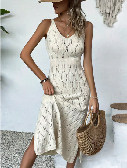 Beige Backless Knit Vacation Halter Maxi Dress