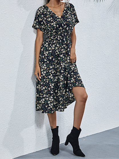 Floral Print Short-sleeved Midi Dress