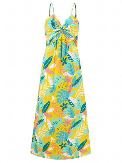 Yellow Printed Halter V-neck Maxi Dress