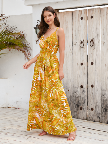 Yellow Printed Bohemia V-Neck Halter Maxi Dress