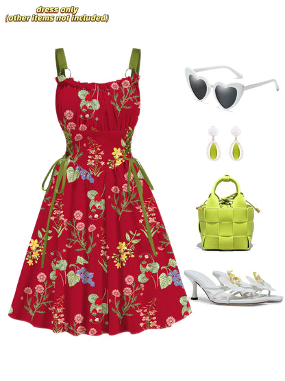 Red Floral Printed Green Drawstrings Elegant  Midi Dress