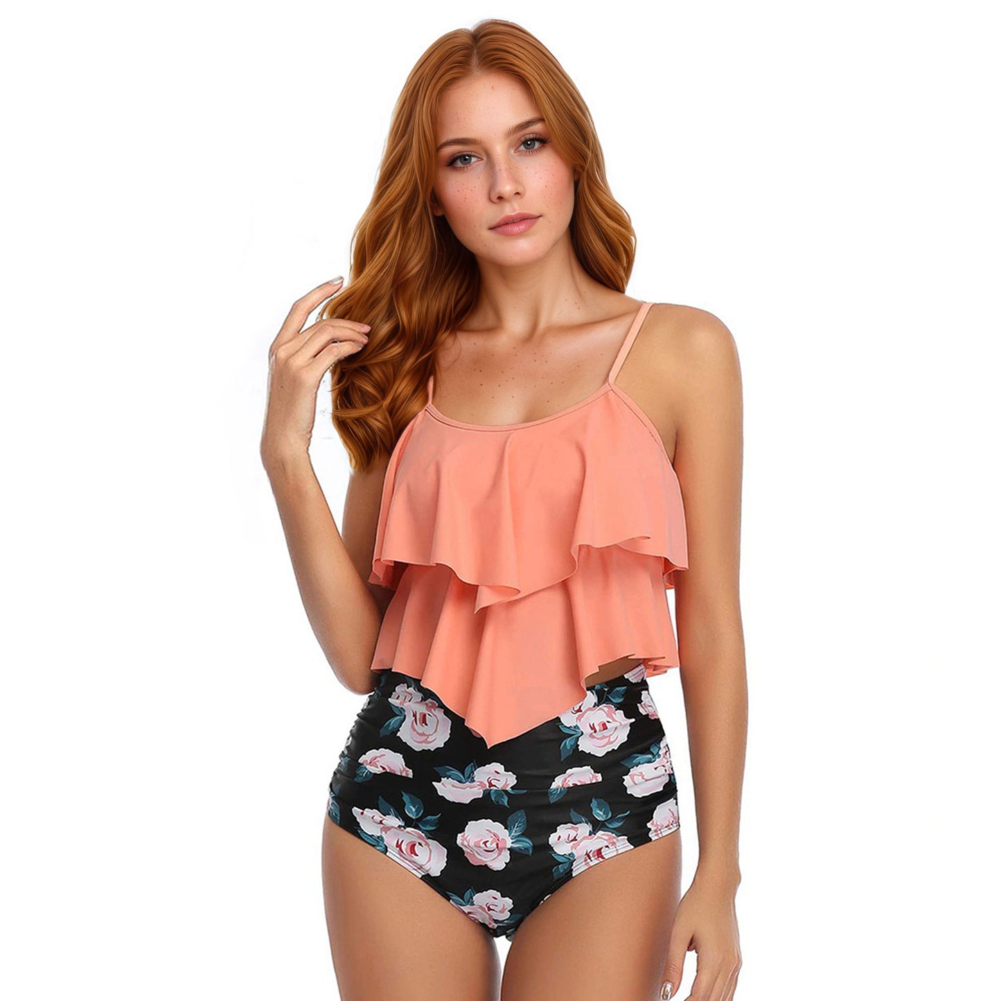Printed Ruffled Hem Tankini Set