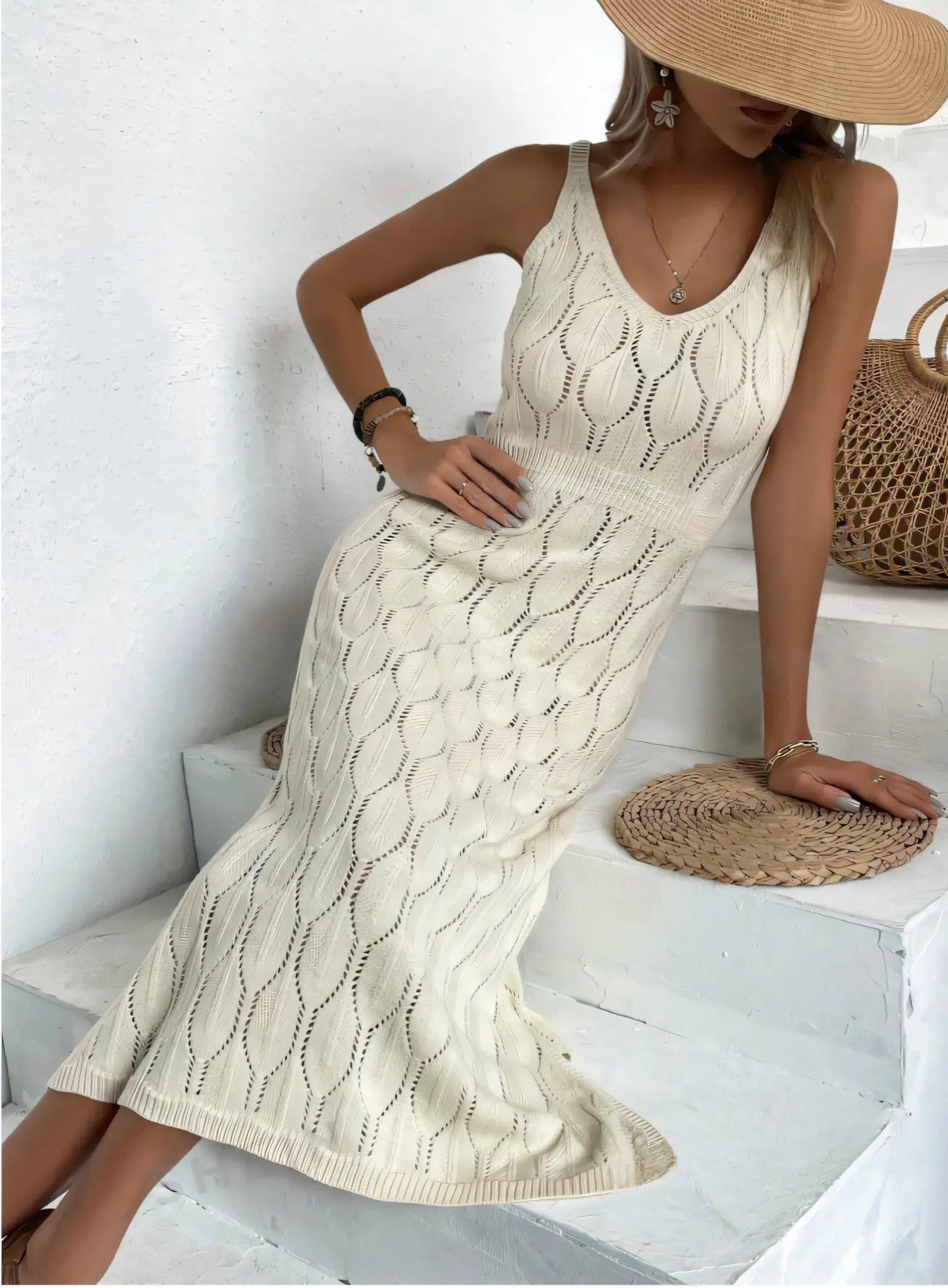 Beige Backless Knit Vacation Halter Maxi Dress