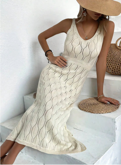 Beige Backless Knit Vacation Halter Maxi Dress
