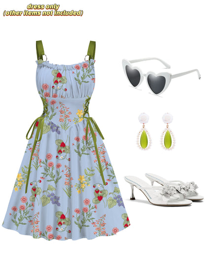 Blue Floral Printed Green Drawstrings Elegant  Midi Dress