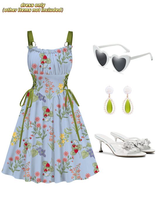 Blue Floral Printed Green Drawstrings Elegant  Midi Dress