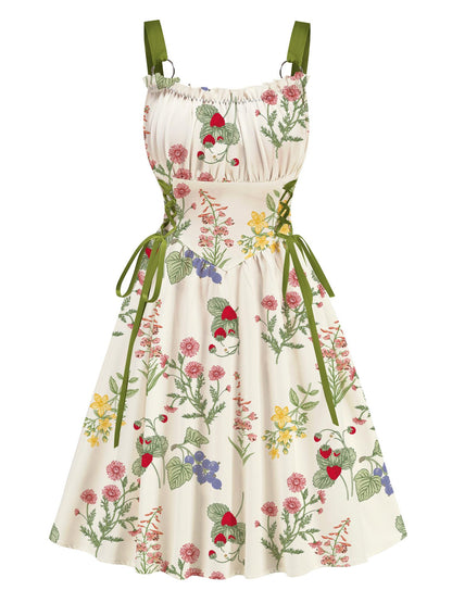 White Floral Printed Green Drawstrings Elegant  Midi Dress