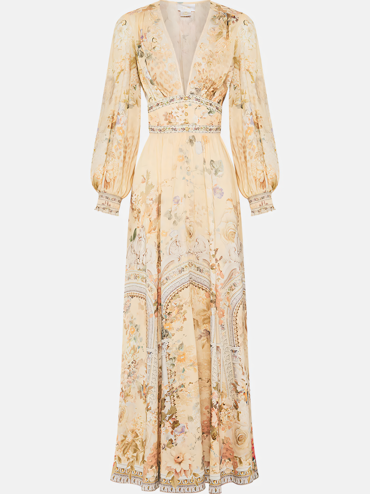 Beige Floral Long Bubble Sleeve Maxi Dress