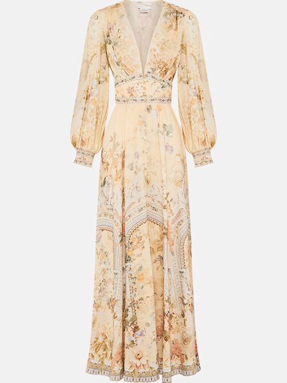 Beige Floral Long Bubble Sleeve Maxi Dress