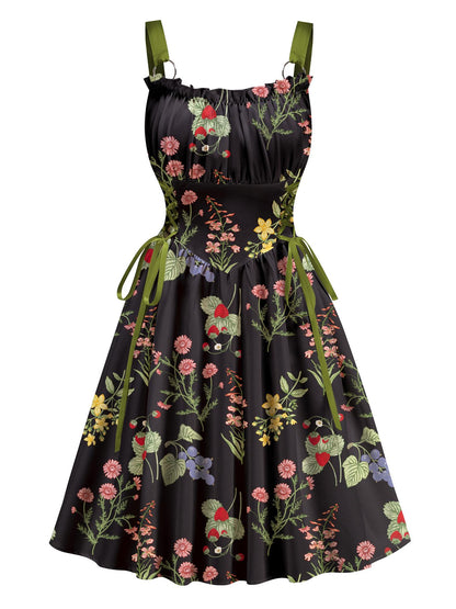 Black Floral Printed Green Drawstrings Elegant  Midi Dress