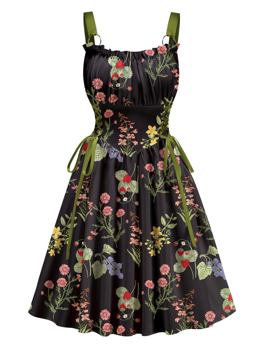 Black Floral Printed Green Drawstrings Elegant  Midi Dress