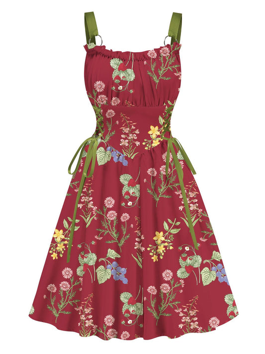 Red Floral Printed Green Drawstrings Elegant  Midi Dress