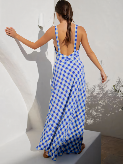 Blue Lattice  Backless Tie Maxi Dress