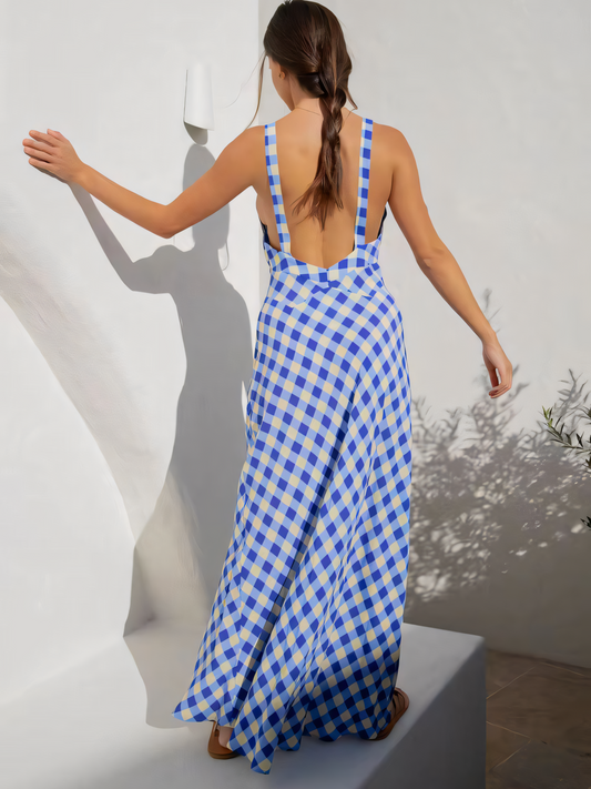Blue Lattice  Backless Tie Maxi Dress