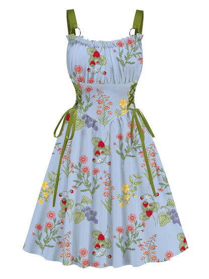Blue Floral Printed Green Drawstrings Elegant  Midi Dress