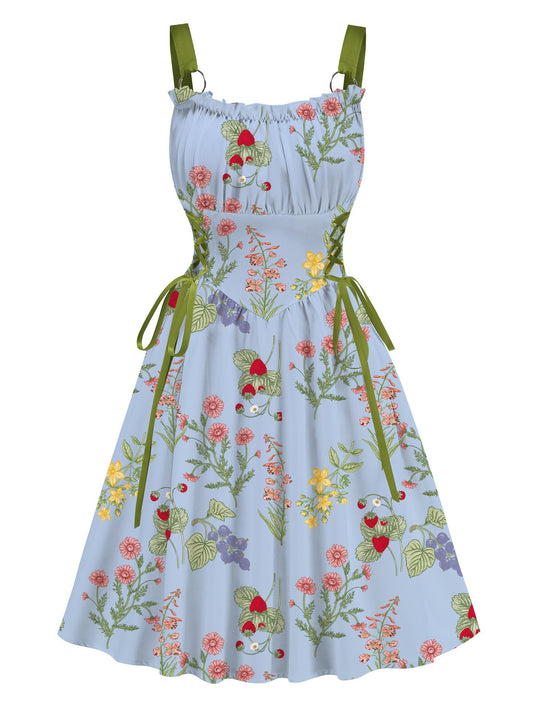 Blue Floral Printed Green Drawstrings Elegant  Midi Dress