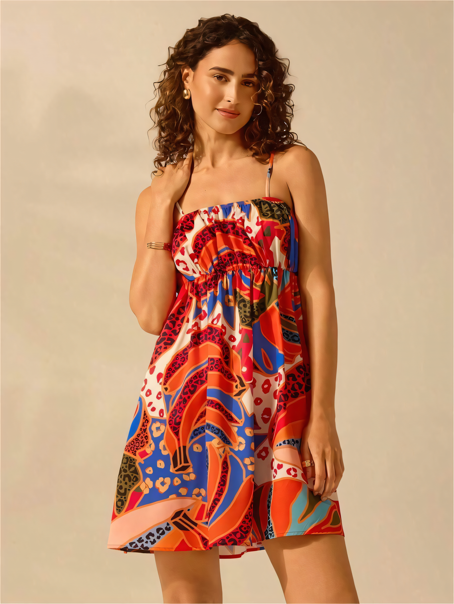 Bohemian Print Lace-up Pleated Mini Dress