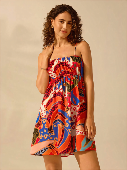 Bohemian Print Lace-up Pleated Mini Dress