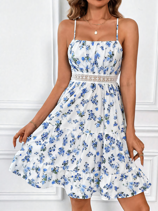 Floral Print Lace-trimmed Mini Dress