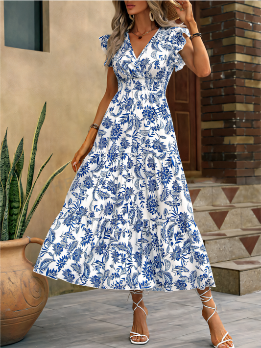 Blue Printed Butterfly Sleeve Maxi Dress