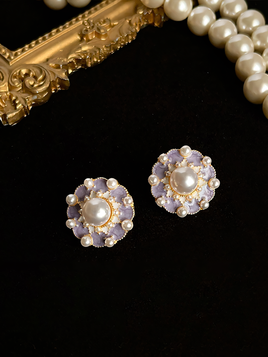 Vintage Purple Flower Pearl Earrings