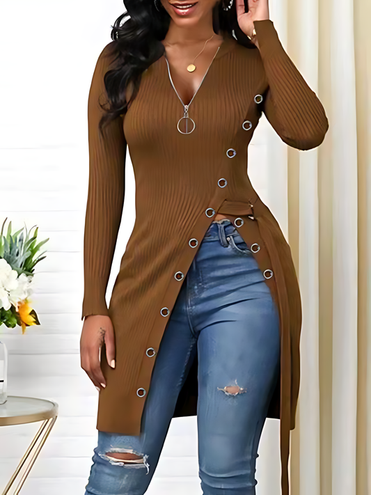 V-neck High Slit Zipper Long-sleeved Top
