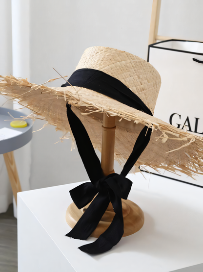 Concave Top Strap Raffia Straw Hat Beach Hat