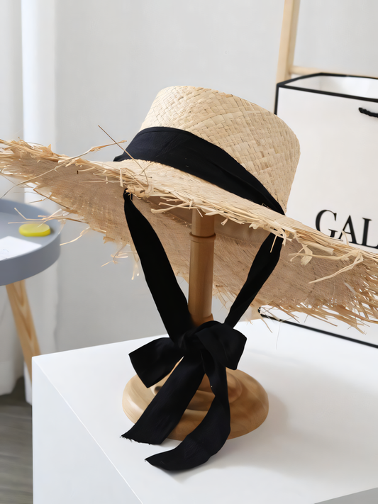 Concave Top Strap Raffia Straw Hat Beach Hat