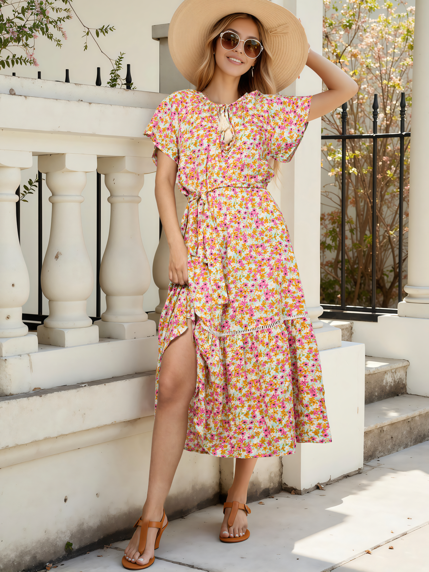 Rose Floral Skirt Ruffle Patchwork Midi Dress