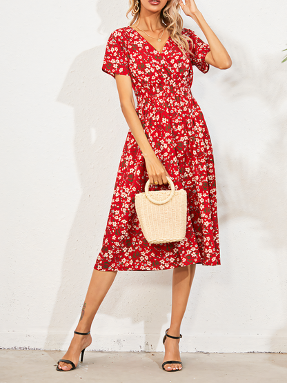 Floral Print Short-sleeved Midi Dress