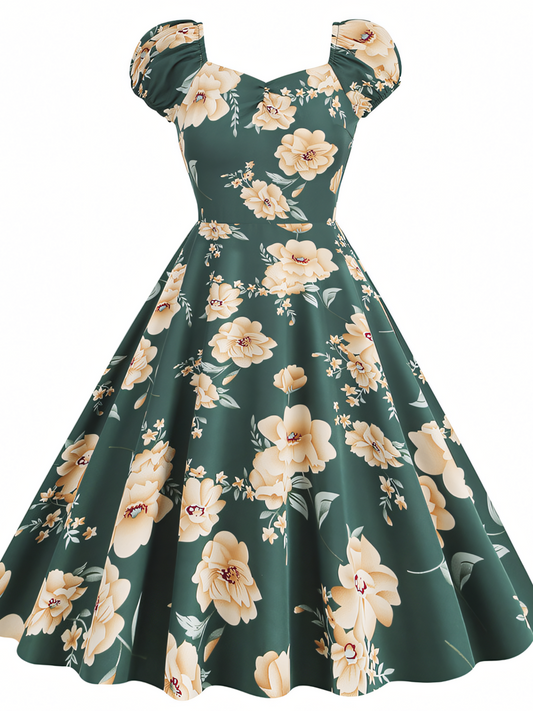 Green Floral Vintage Elegant Midi Dress
