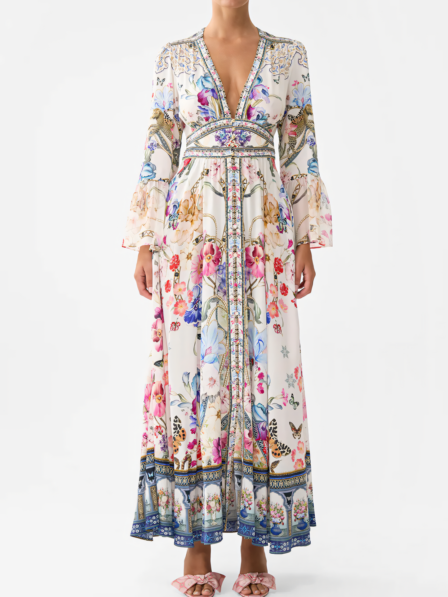 Colorful Floral Long Bubble Sleeve Maxi Dress