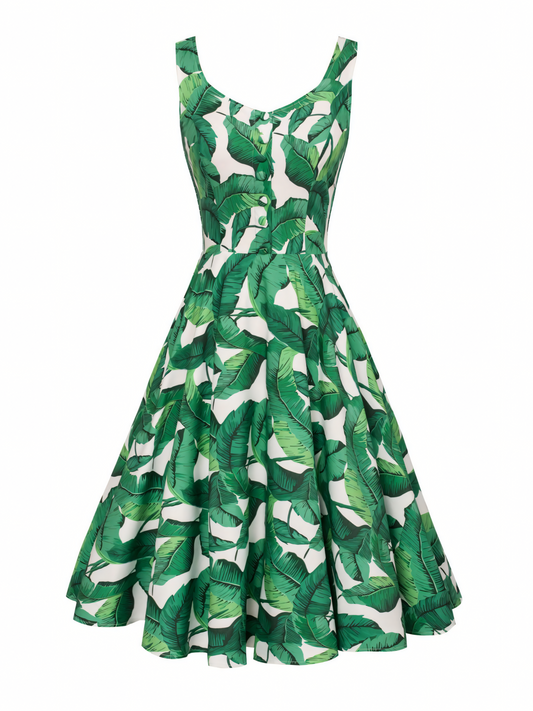Foliage Printed Button Midi Dress