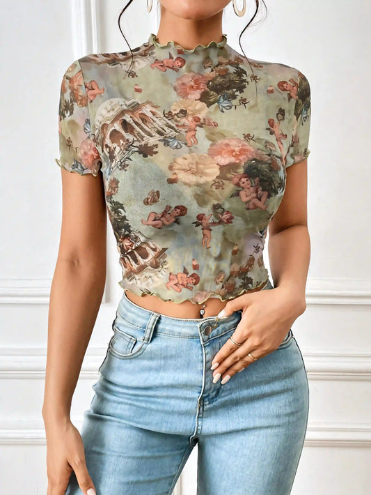 Green Elegant Mesh Printed Rolled T-Shirt